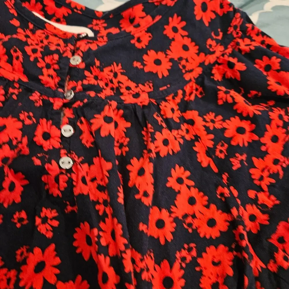 LOFT Navy Red Floral Puff Sleeve Blouse Women’s Small Peasant Boho Top